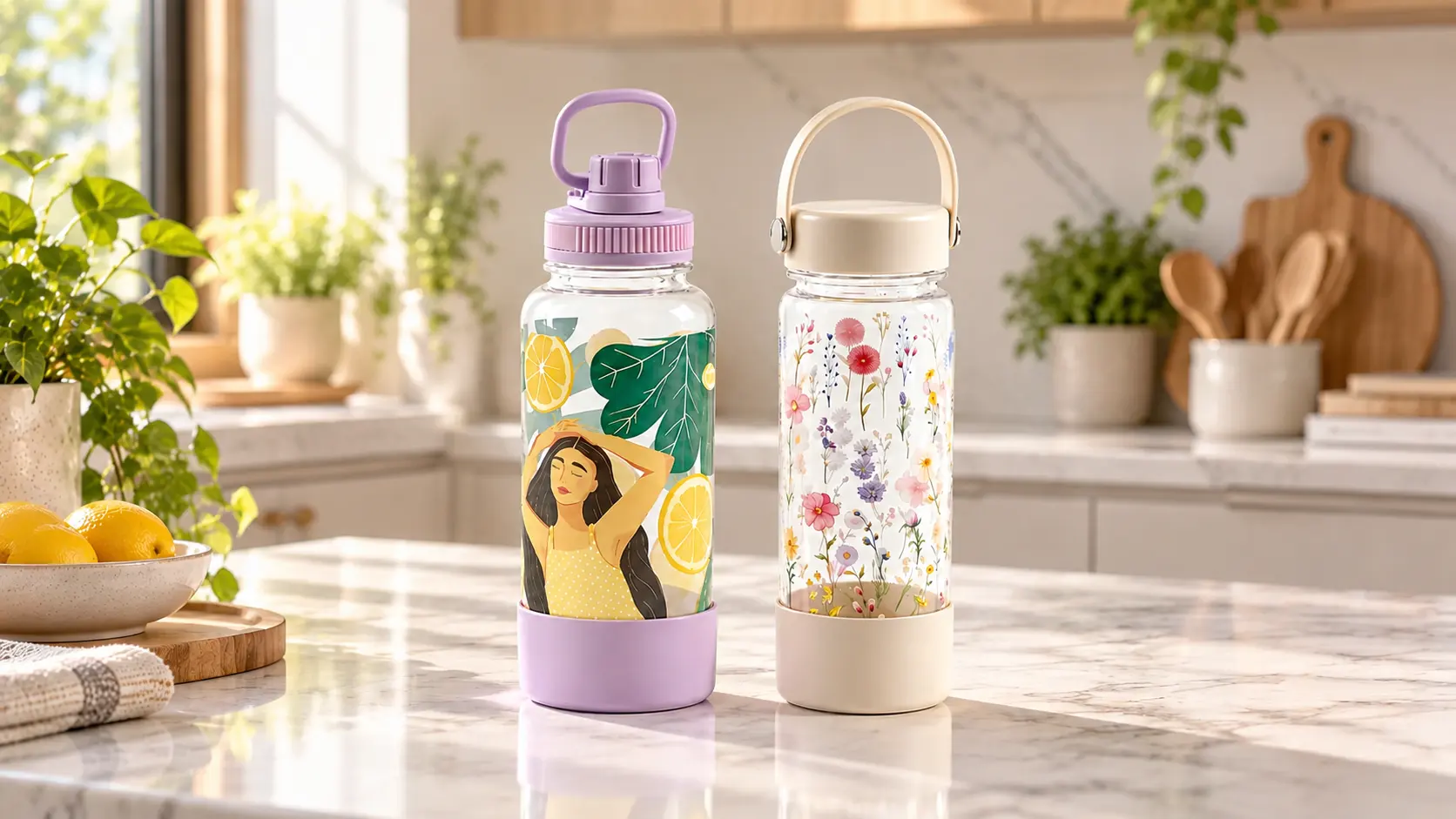 Botellas MAGIA-12 y HERA-75 de whatshome en una escena lifestyle