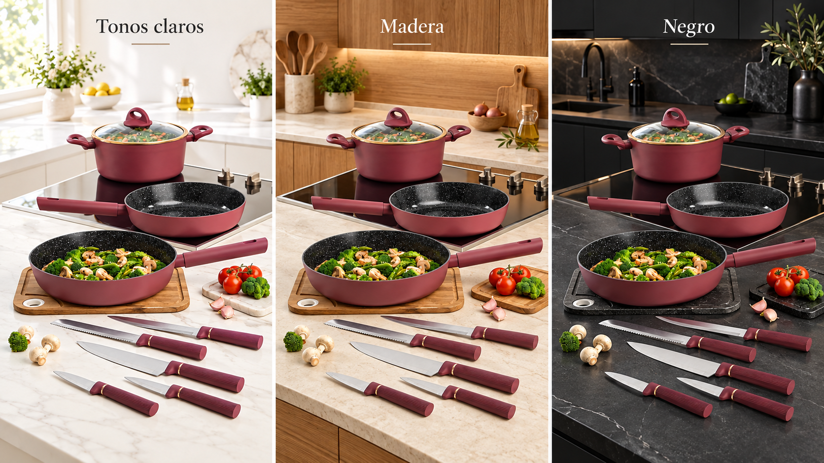 Batería VINNA70 color borgoña de whatshome en una cocina contemporánea