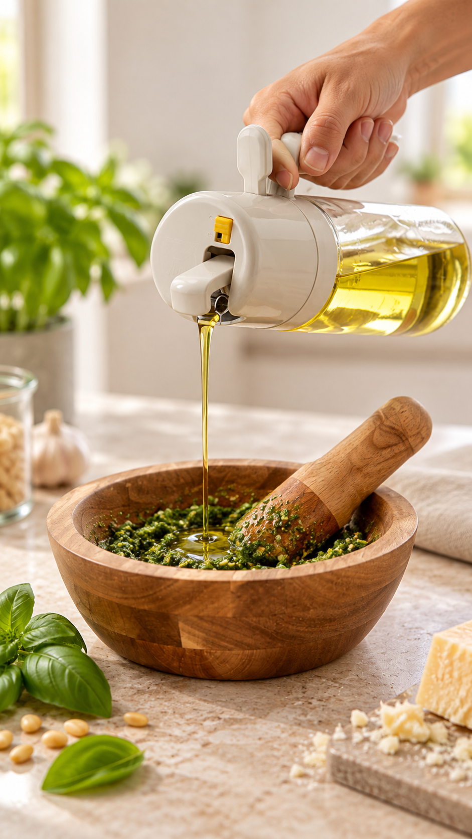 Pesto artesanal terminado dentro del mortero DALIA de madera de acacia