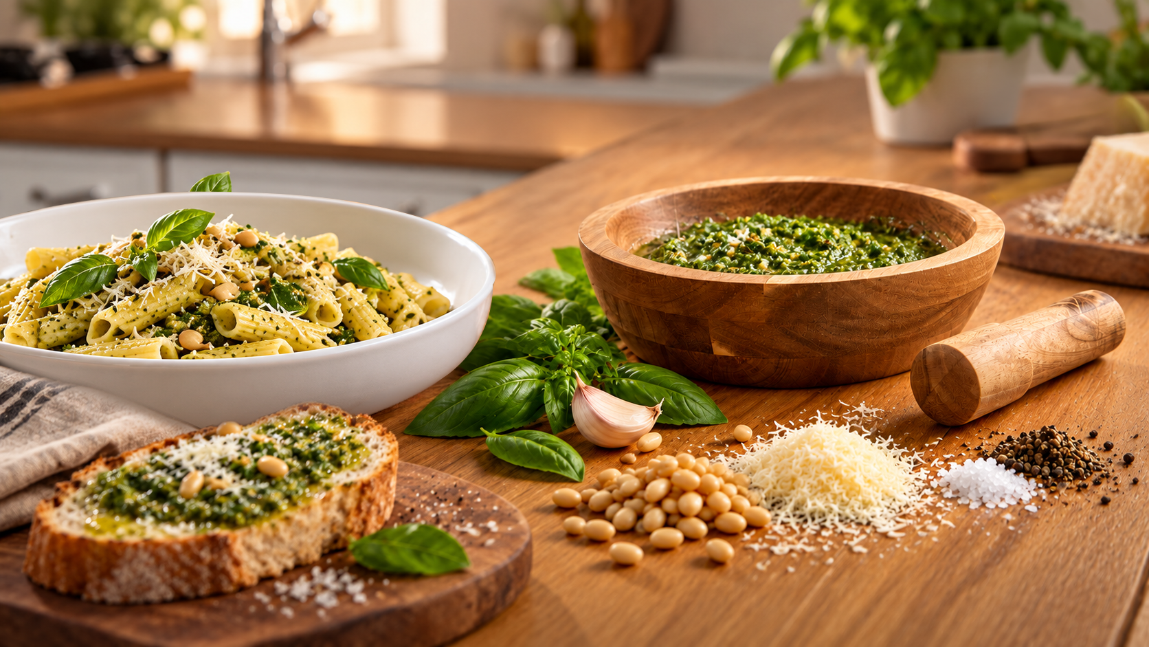 Pesto artesanal preparado a mano con el mortero DALIA de whatshome