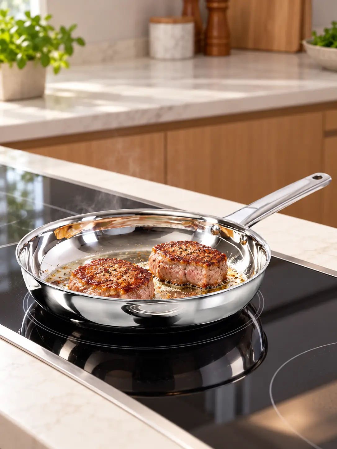 Carne dorándose en un sartén de acero inoxidable