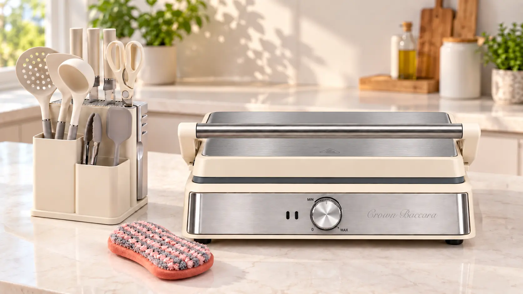 ALMOND-PG de whatshome abierta a 180 grados con alimentos en ambas placas